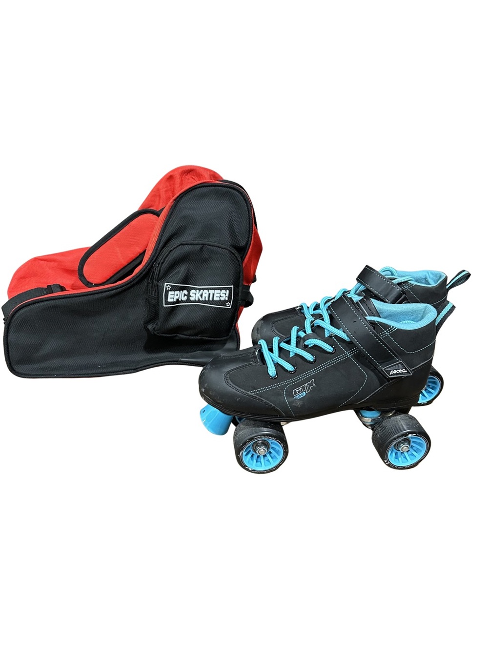 Pacer GTX 500 Roller Skates Size 8 Mens Black Teal Speed Derby Quad & Travel Bag